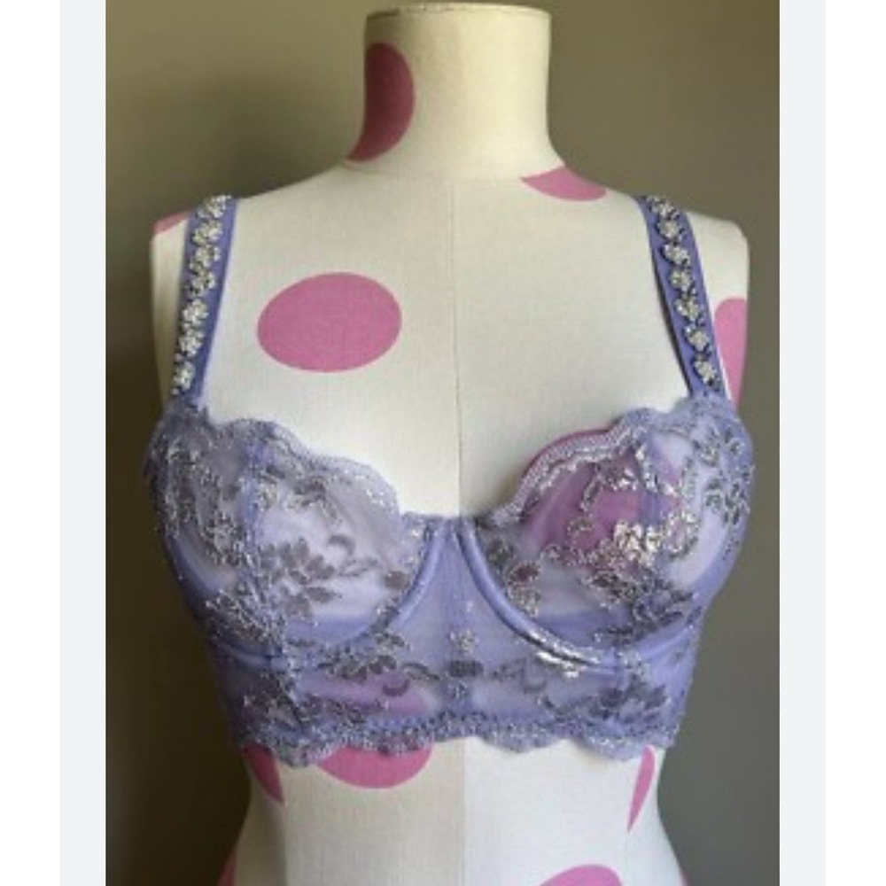 Victoria's Secret Lavender Lace Push Up Bra Rhinestone Straps 34D Bling!‎